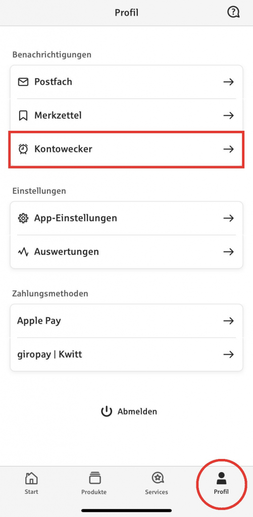 Sparkassen-App öffnen, unten rechts auf "Profil" gehen und gehen Sie auf "Kontowecker".