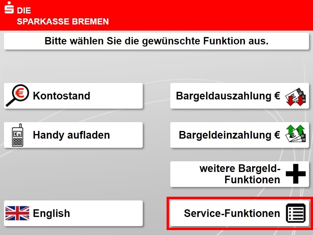 Die Auswahl "Service-Funktionen" befindet sich unten rechts. Dort können Sie die Funktion Wunsch-PIN auswählen.