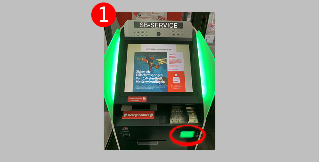 Automat in Frontansicht mit grün beleuchtetem Kartenschlitz